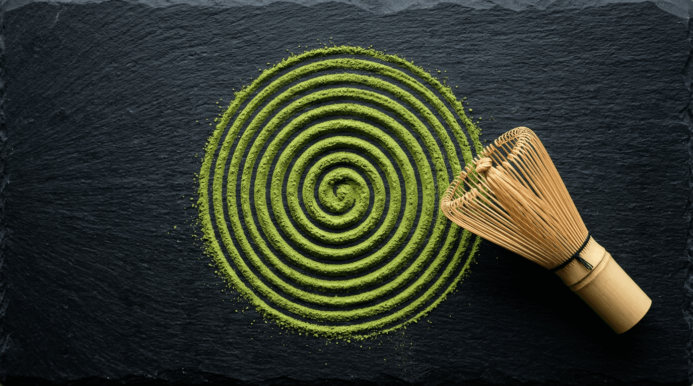 黒いスレートに描かれた抹茶粉の螺旋と茶筅