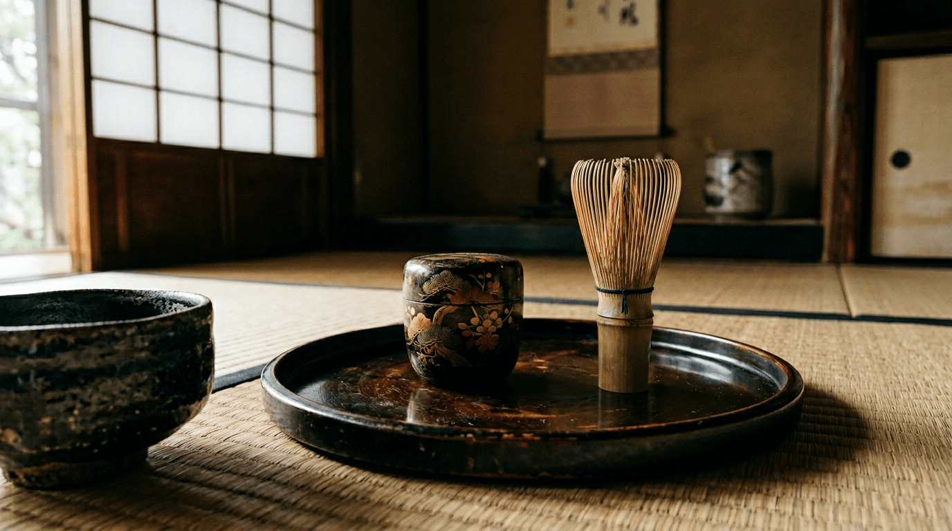 漆塗り盆に棗と茶筅、茶碗の縁が見える静物