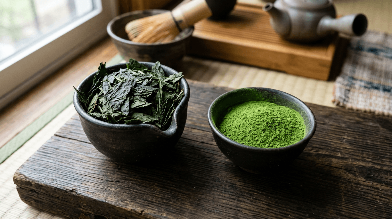 碾茶の葉と抹茶粉が並んだ二つの黒い茶碗