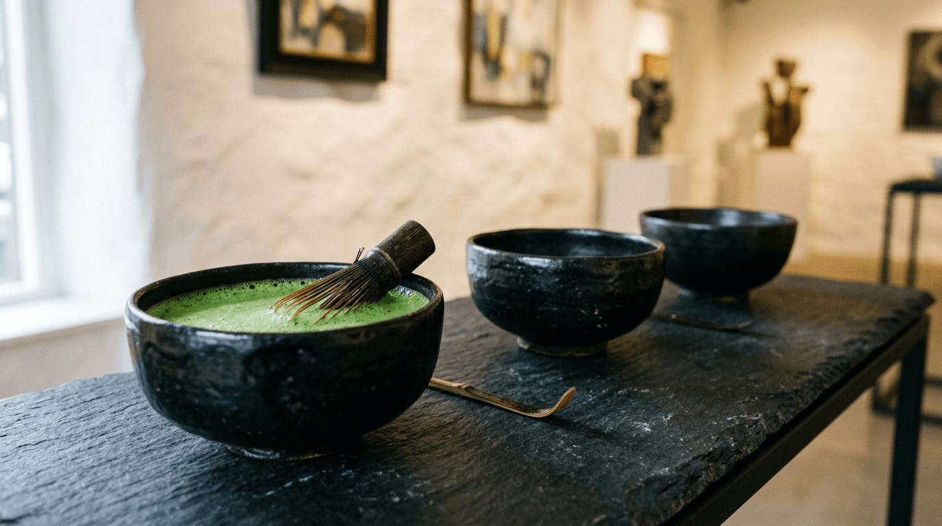 石台の上に斜めに並んだ三つの黒い茶碗と点てた抹茶