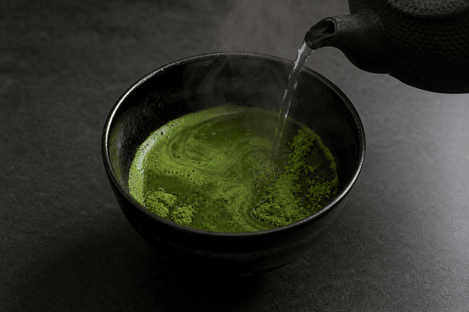Hot water poured from an iron kettle onto matcha powder in a black tenmoku bowl, steam rising