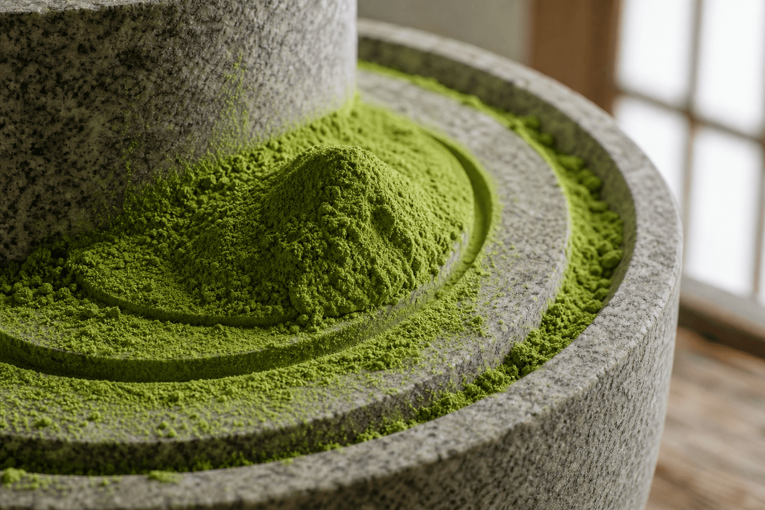 Freshly stone-milled vivid matcha powder spilling from the grooves of a granite mill
