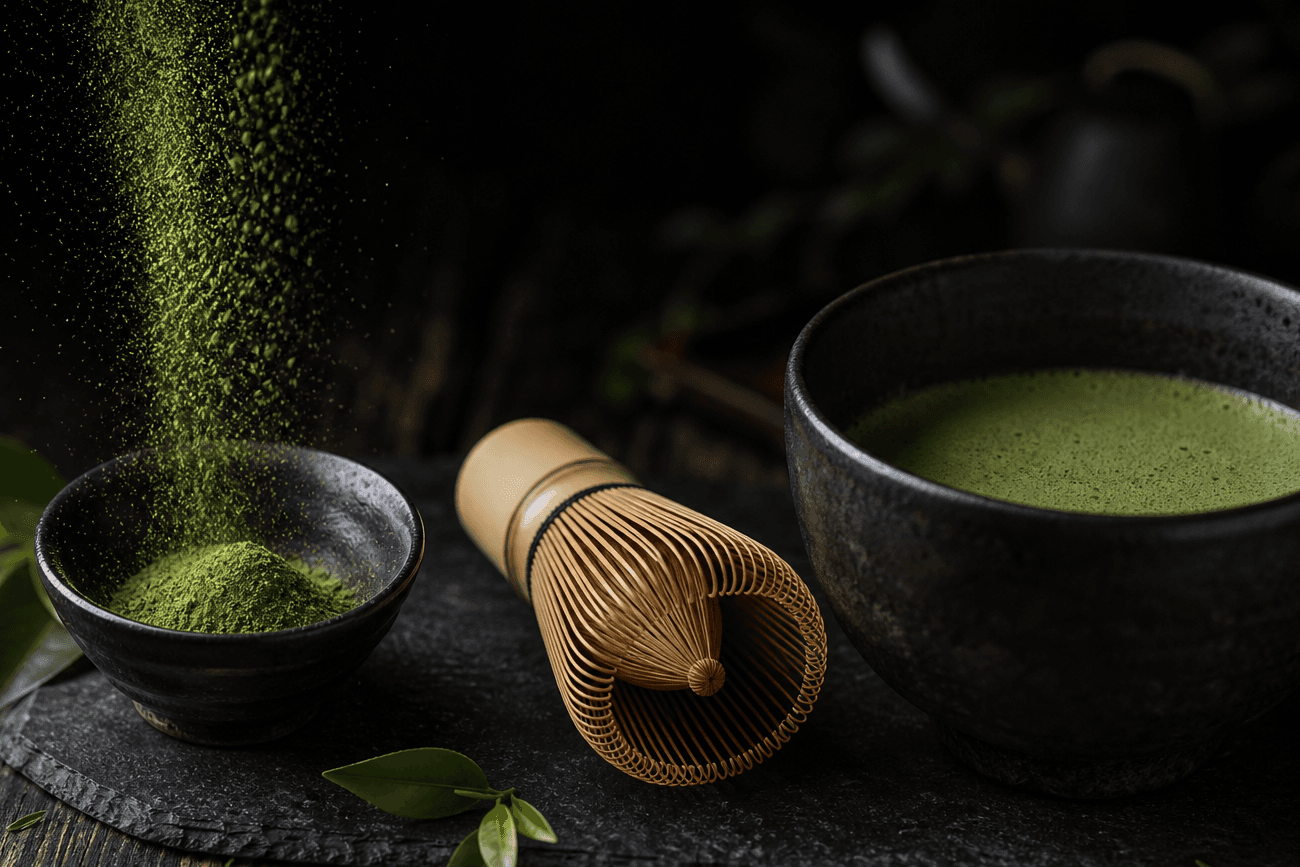 暗い石目の背景に茶筅と抹茶粉・点てた抹茶の泡が写ったビジュアル
