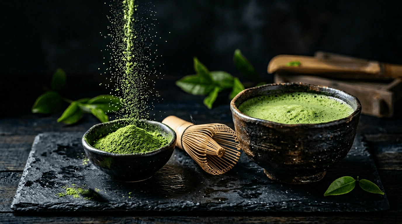 暗い石目の背景に茶筅と濃緑の抹茶粉・点てた抹茶の泡が写ったビジュアル(茶道イメージ)
