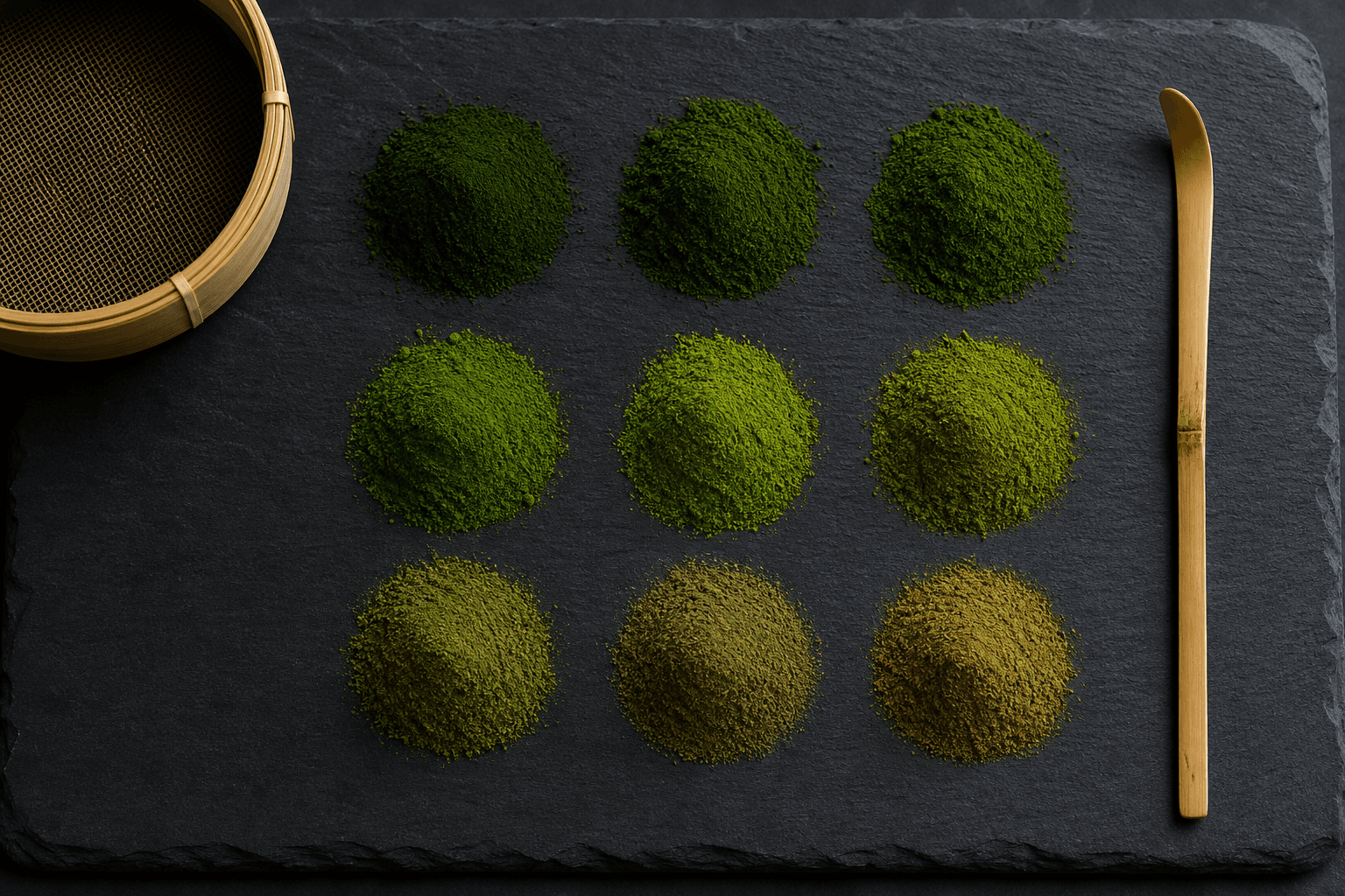 Overhead view of several heaps of matcha powder in different greens