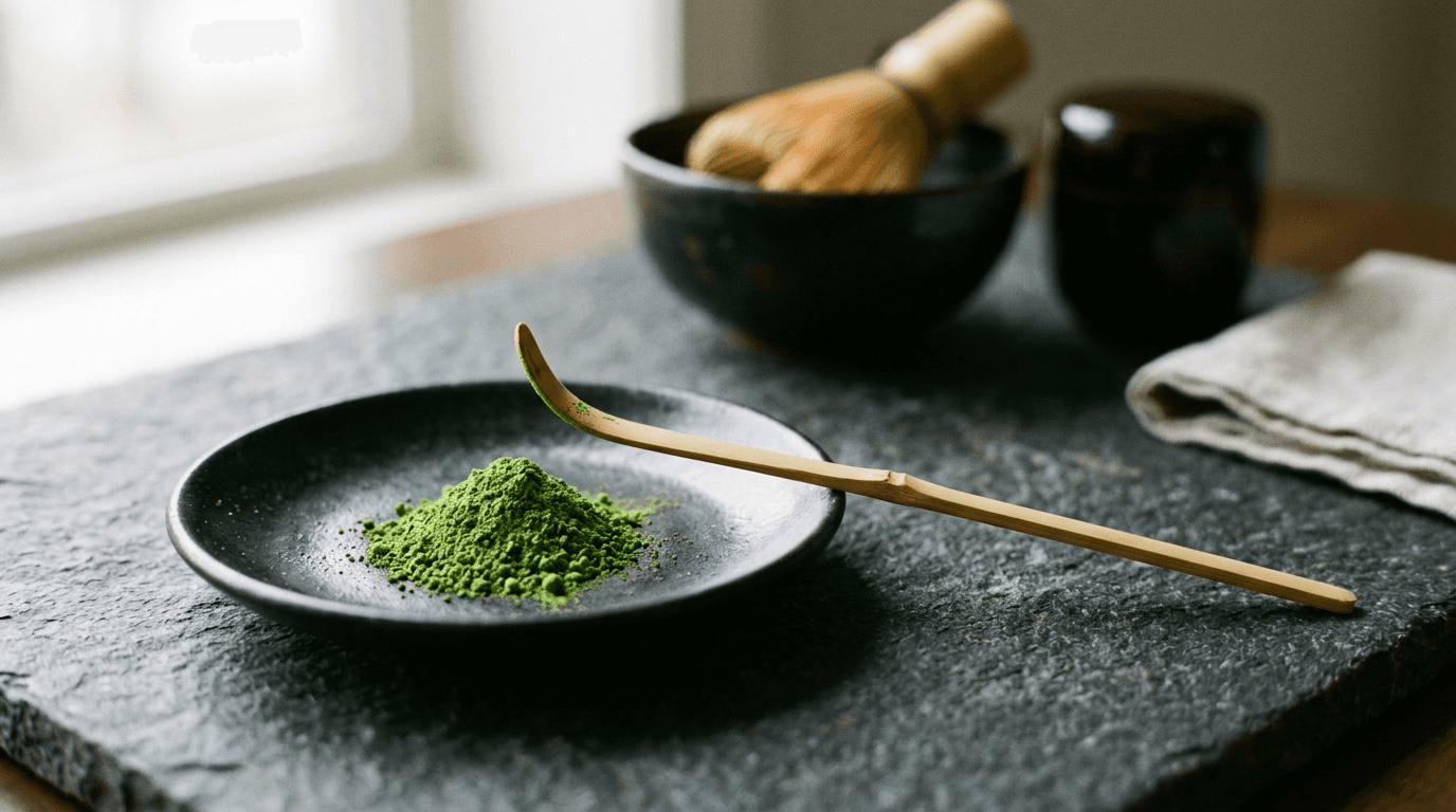 黒い茶器と濃緑の抹茶・茶筅のイメージ写真